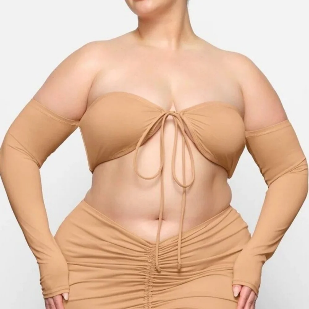 NWT SKIMS RECYCLED SWIM LONG SLEEVE BIKINI TOP, 2X, OCHRE